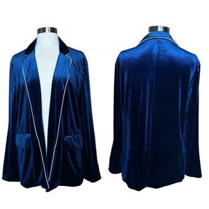 Dan Teng Blue Velvet Lined Open Front Office Career Blazer Jacket US Large